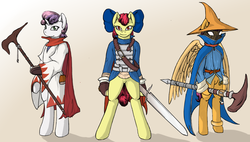 Size: 1781x1014 | Tagged: safe, artist:vicmanone, apple bloom, scootaloo, sweetie belle, earth pony, anthro, g4, black mage, crossover, cutie mark crusaders, final fantasy, final fantasy tactics, hat, sword, white mage