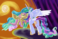 Size: 1620x1080 | Tagged: safe, artist:registered111, fluttershy, princess celestia, g4, stare, sun