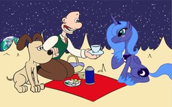 Size: 1280x796 | Tagged: safe, artist:lowkey, princess luna, g4, a grand day out, cheese, colored, crossover, gromit, moon, s1 luna, tea, wallace, wallace and gromit