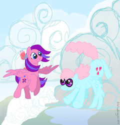 Size: 1148x1194 | Tagged: safe, artist:bibliodragon, north star (g1), wind whistler, pegasus, pony, g1, g4, cloud, cloudy, cute, duo, female, flower, flower in tail, flower on ear, flying, g1 northabetes, g1 to g4, generation leap, lily (flower), mare, north star can fly, sky, tail, whistlerbetes, wind whistler can fly