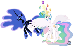 Size: 11920x7610 | Tagged: safe, artist:90sigma, nightmare moon, princess celestia, g4, absurd resolution, elements of harmony, simple background, transparent background, vector