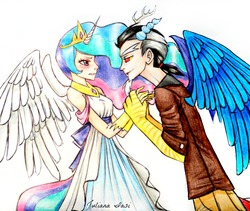 Size: 2439x2058 | Tagged: safe, artist:juaiasi, discord, princess celestia, g4, horn, horned humanization, humanized, skinny, tailed humanization, thin, traditional art, winged humanization