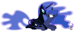 Size: 12530x5190 | Tagged: safe, artist:90sigma, nightmare moon, princess luna, alicorn, pony, g4, absurd resolution, female, glowing horn, horn, horns are touching, lesbian, mare, self ponidox, selfcest, shipping, simple background, transparent background, vector