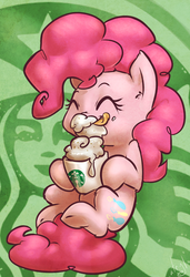 Size: 684x1000 | Tagged: safe, artist:atryl, pinkie pie, g4, cute, diapinkes, ear fluff, eyes closed, hoof hold, hot chocolate, leg fluff, licking, licking lips, mug, signature, starbucks, tongue out