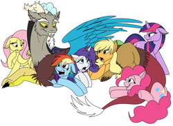 Size: 900x660 | Tagged: safe, artist:100yearslater, applejack, discord, fluttershy, pinkie pie, rainbow dash, rarity, twilight sparkle, g4, keep calm and flutter on