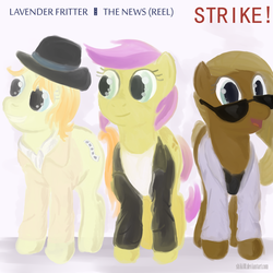 Size: 1492x1492 | Tagged: safe, artist:shiki01, elsie, lavender fritter, press pass, press release (character), pretty vision, earth pony, pony, g4, album cover, apple family member, background pony, elise, female, huey lewis and the news, mare, older, parody, ponified, ponified album cover, sunglasses