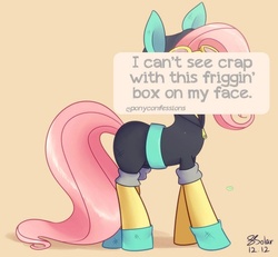 Size: 500x461 | Tagged: safe, artist:solar-slash, fluttershy, pegasus, pony, g4, bunny ears, clothes, dangerous mission outfit, female, goggles, hoodie, mare, parody, pony confession, solo
