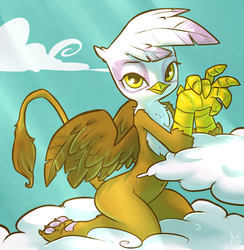 Size: 977x1000 | Tagged: safe, artist:atryl, gilda, griffon, anthro, g4, cloud, female, looking at you, paw pads, signature, sky, smiling, solo, strategically covered