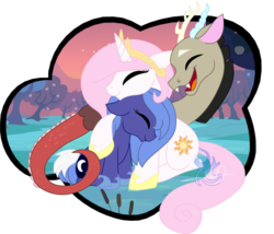 Size: 965x827 | Tagged: dead source, safe, artist:hydroblaze, artist:probablyfakeblonde, discord, princess celestia, princess luna, alicorn, pony, g4, colored, hug, pink-mane celestia, s1 luna, trio, younger