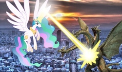 Size: 500x295 | Tagged: safe, princess celestia, alicorn, kaiju, pony, g4, crossover, fight, giant pony, giantlestia, godzilla (series), king ghidorah, macro