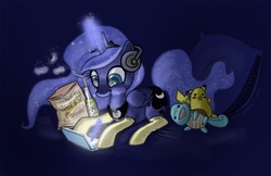 Size: 900x582 | Tagged: safe, artist:joieart, princess luna, pikachu, squirtle, gamer luna, g4, cheesy puffs, clothes, dark, eating, female, nintendo, nintendo ds, plushie, pokémon, socks