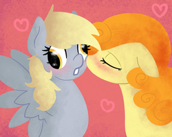 Size: 963x770 | Tagged: safe, artist:robynne, carrot top, derpy hooves, golden harvest, g4, blushing, kissing, ship:derpytop, shipping