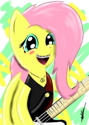 Size: 1084x1535 | Tagged: safe, artist:ritsuko-mithos, fluttershy, g4, blushing, braces, guitar