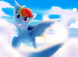 Size: 1182x864 | Tagged: safe, artist:si1vr, rainbow dash, pegasus, pony, g4, cloud, feather, female, flying, grin, mare, sky, smiling, solo