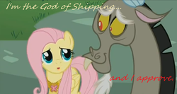 Size: 1358x722 | Tagged: safe, discord, fluttershy, g4, keep calm and flutter on, element of kindness, god, season 3 villain, ship:discoshy, shipping