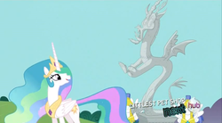 Size: 854x472 | Tagged: safe, screencap, discord, princess celestia, g4, keep calm and flutter on, hub logo, statue