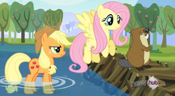 Size: 853x469 | Tagged: safe, screencap, applejack, fluttershy, mr. beaverton beaverteeth, beaver, g4, keep calm and flutter on, dam, hub logo