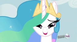 Size: 852x469 | Tagged: safe, screencap, princess celestia, alicorn, pony, g4, keep calm and flutter on, my little pony: friendship is magic, beautiful, crown, female, hub logo, jewelry, lidded eyes, proud, regalia, solo