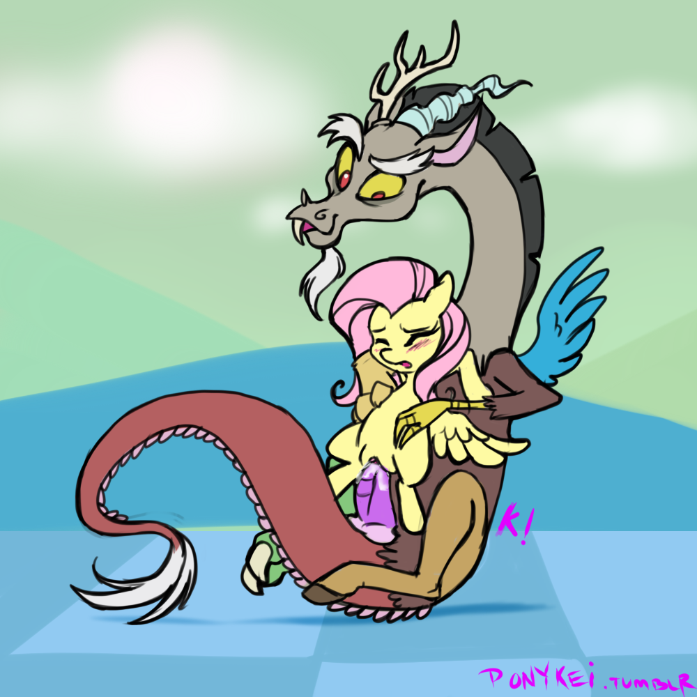 217480 - explicit, artist:vertizontal, discord, fluttershy, g4, blushing,  carrying, female, from behind, interspecies, male, nudity, penetration,  penis, reverse suspended congress, sex, ship:discoshy, sitting, straight,  vaginal, vaginal secretions ...