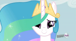 Size: 852x466 | Tagged: safe, screencap, princess celestia, alicorn, pony, g4, keep calm and flutter on, my little pony: friendship is magic, season 3, cute, cutelestia, female, hub logo, jewelry, looking at you, mare, regalia, smiling, solo