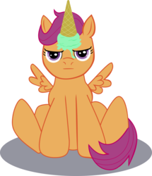 Size: 3077x3580 | Tagged: safe, artist:stormcrow-42, scootaloo, pegasus, pony, g4, dropped ice cream, fake horn, food, ice cream, ice cream cone, ice cream horn, scootaloo is not amused, simple background, transparent background, unamused