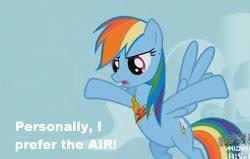 Size: 721x459 | Tagged: safe, edit, edited screencap, screencap, rainbow dash, pegasus, pony, g4, keep calm and flutter on, season 3, blue coat, caption, cloud, cutie mark, element of loyalty, falco lombardi, flying, raised hooves, star fox