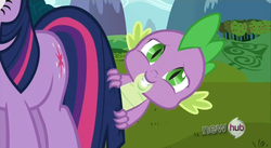 Size: 853x469 | Tagged: safe, screencap, spike, twilight sparkle, g4, keep calm and flutter on, hiding, hub logo, nervous