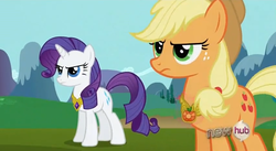 Size: 851x467 | Tagged: safe, screencap, applejack, rarity, g4, keep calm and flutter on, element of generosity, element of honesty, hub logo