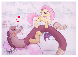 Size: 600x440 | Tagged: safe, artist:cryssy-miu, discord, fluttershy, g4, body cast, cute, discute, enjoying, fluttershy is not amused, happy, heart, injured, leg cast, pillow, ship:discoshy, shipping, signature, tongue out, unamused