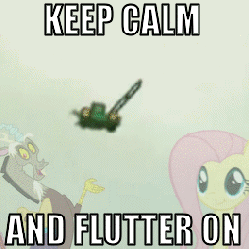 Size: 265x264 | Tagged: safe, discord, fluttershy, g4, keep calm and flutter on, animated, flying lawn mower, image macro, jimmies, lawn mower
