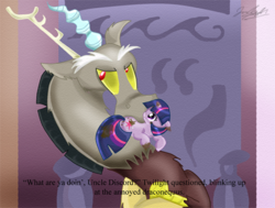 Size: 560x423 | Tagged: safe, artist:cryssy-miu, discord, twilight sparkle, g4, crossed arms, cute, dirt, filly, filly twilight sparkle, mouth hold, mud, muddy, niece, signature, text, uncle, uncle and niece