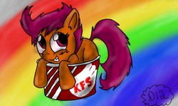 Size: 512x307 | Tagged: safe, artist:darkeh12, scootaloo, g4, art theft, bucket, kfc, scootachicken