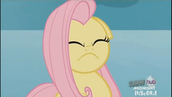 Size: 1366x768 | Tagged: safe, screencap, fluttershy, pony, g4, keep calm and flutter on, :i, angry, constipated, eyes closed, face, faic, female, floppy ears, flutterfrown, frown, frustrated, hub logo, solo