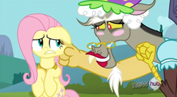 Size: 852x468 | Tagged: safe, screencap, discord, fluttershy, draconequus, pony, g4, keep calm and flutter on, season 3, cheek pinch, crossdressing, duo, duo male and female, female, hub logo, male, mare, pinch