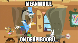 Size: 625x351 | Tagged: safe, angel bunny, discord, rabbit, derpibooru, g4, keep calm and flutter on, season 3, animal, ascot, ascot tie, clothes, cummerbund, dapper discord, hat, hub logo, image macro, monocle, monocle and top hat, no fucks, suit, top hat