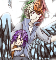 Size: 1131x1200 | Tagged: safe, artist:galaxyart, rainbow dash, scootaloo, human, g4, duo, humanized, winged humanization