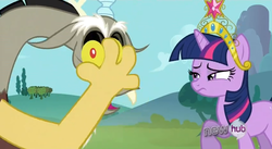 Size: 852x468 | Tagged: safe, screencap, discord, twilight sparkle, g4, keep calm and flutter on, big crown thingy, dislodged eye, element of magic, eye bulging, eyeball, eyes, hub logo, no eyes, wat