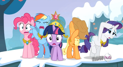 Size: 846x468 | Tagged: safe, screencap, applejack, pinkie pie, rainbow dash, rarity, twilight sparkle, g4, keep calm and flutter on, my little pony: friendship is magic, applejack's hat, cowboy hat, element of generosity, element of honesty, element of laughter, element of loyalty, element of magic, hat, reaction image