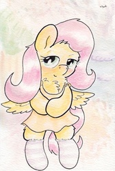 Size: 725x1082 | Tagged: safe, artist:slightlyshade, fluttershy, pony, g4, clothes, dress, female, socks, solo, striped socks, traditional art