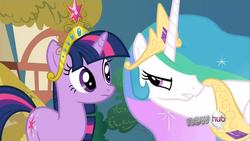 Size: 1280x720 | Tagged: safe, screencap, princess celestia, twilight sparkle, g4, keep calm and flutter on, season 3, hub logo