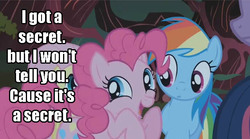 Size: 638x356 | Tagged: safe, pinkie pie, rainbow dash, g4, image macro, secret, troll, trollface, trolling