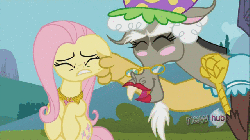 Size: 640x360 | Tagged: safe, screencap, discord, fluttershy, draconequus, pegasus, pony, g4, keep calm and flutter on, animated, cheek pinch, crossdressing, element of kindness, granny discord, hub logo