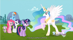 Size: 856x469 | Tagged: safe, screencap, pinkie pie, princess celestia, rainbow dash, rarity, spike, twilight sparkle, g4, keep calm and flutter on, hub logo, youtube caption