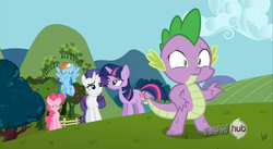 Size: 853x469 | Tagged: safe, screencap, pinkie pie, rainbow dash, rarity, spike, twilight sparkle, g4, keep calm and flutter on, hub logo