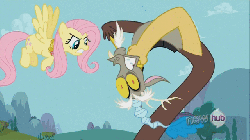 Size: 640x360 | Tagged: safe, screencap, discord, fluttershy, g4, keep calm and flutter on, angry, animated, choking, duo, element of kindness, flying, hub logo, the stare, wide eyes