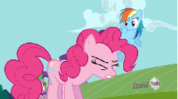 Size: 576x324 | Tagged: source needed, safe, screencap, pinkie pie, rainbow dash, rarity, earth pony, pegasus, pony, g4, keep calm and flutter on, season 3, all new, animated, animated screencap, female, gif, hub logo, speed lines, text