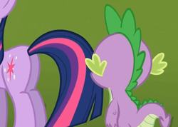 Size: 471x336 | Tagged: safe, screencap, spike, twilight sparkle, g4, keep calm and flutter on, butt, out of context, plot