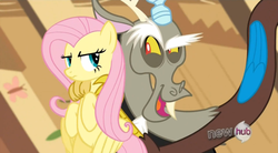 Size: 853x470 | Tagged: safe, screencap, discord, fluttershy, g4, keep calm and flutter on, hub logo