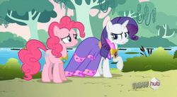 Size: 853x467 | Tagged: safe, screencap, pinkie pie, rarity, g4, keep calm and flutter on, clothes, dress, hub logo