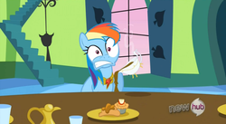 Size: 852x466 | Tagged: safe, screencap, rainbow dash, pegasus, pony, g4, keep calm and flutter on, season 3, faic, female, funny, funny as hell, gravy, gravy boat, hub logo, mare, ouch, out of context, pain, rainbow dash is best facemaker, wide eyes